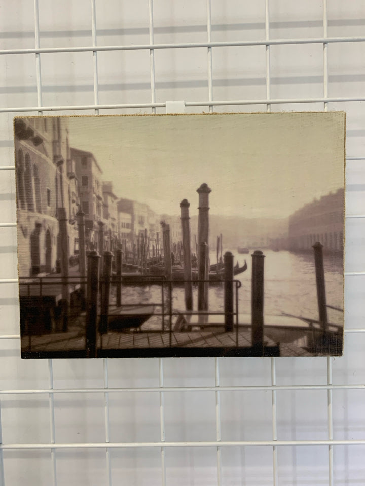VENICE DOCK ON BURLAP CANVAS.