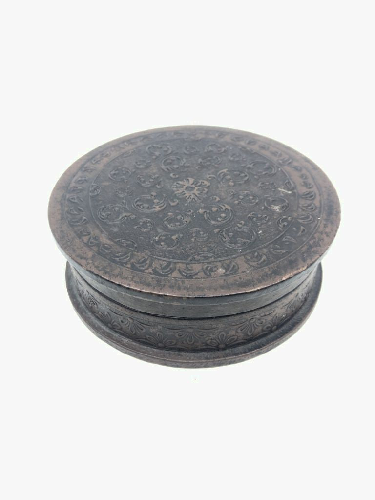 ROUND DARK FAUX LEATHER TRINKET BOX.