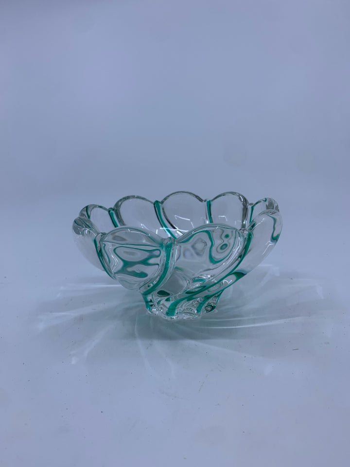 SCALLOP EDGE GREEN SWIRL CANDY DISH.