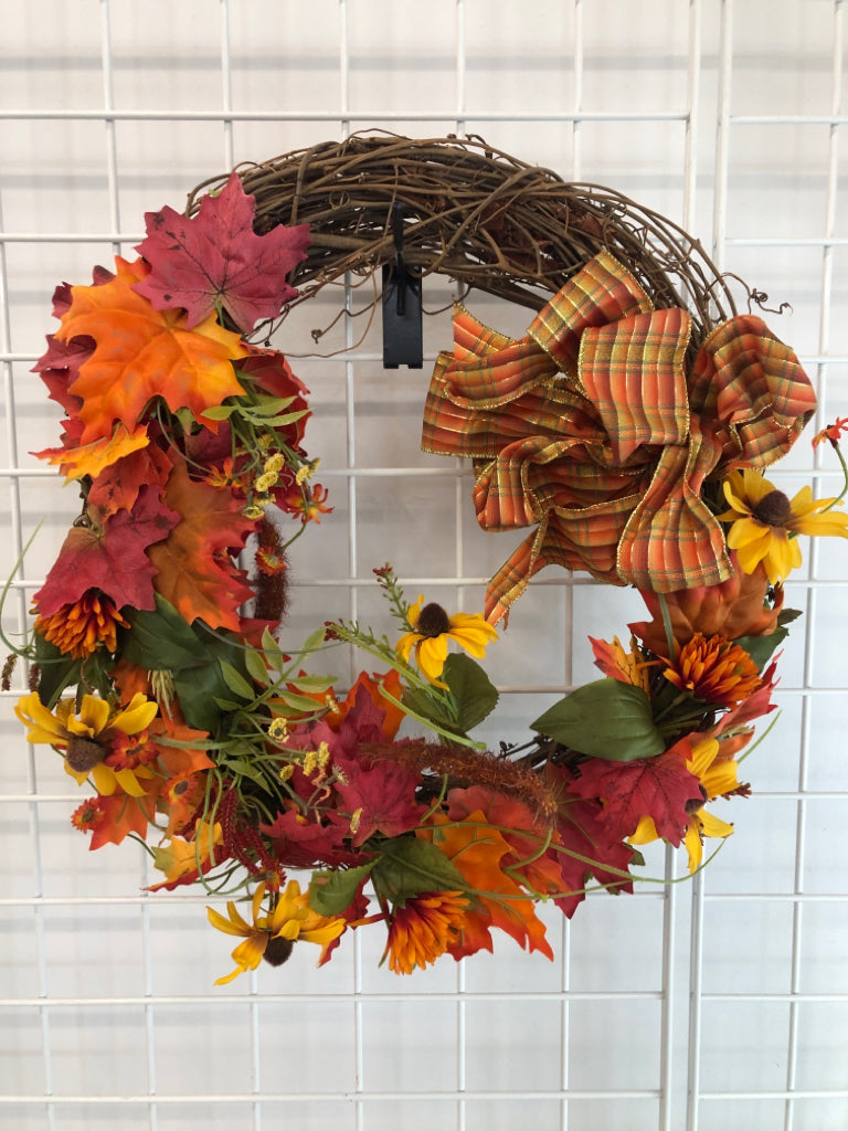 FALL FOLIAGE WREATH W/ORANGE PLAID RIBBON.