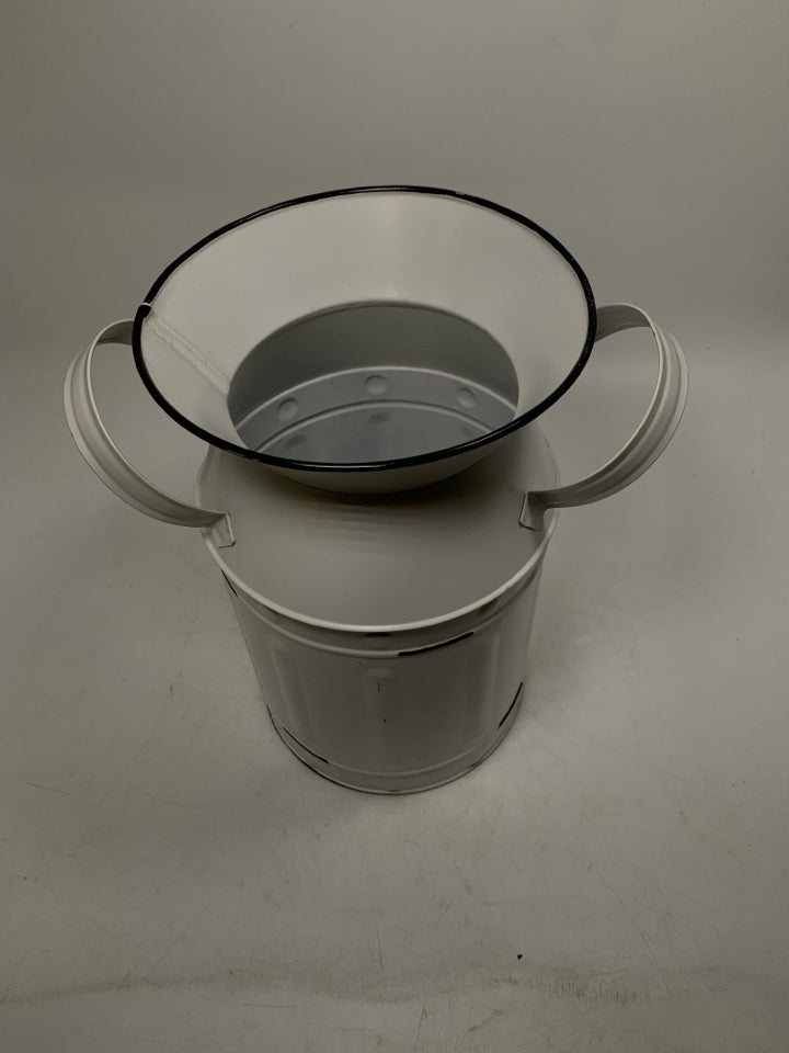 METAL MILK JUG SHAPED DRY VASE W/ DOUBLE HANDLES.