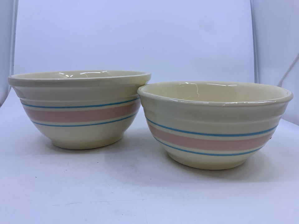 2 VTG OVENPROOF CREAM W/ PINK + BLUE STRIPE BOWLS.