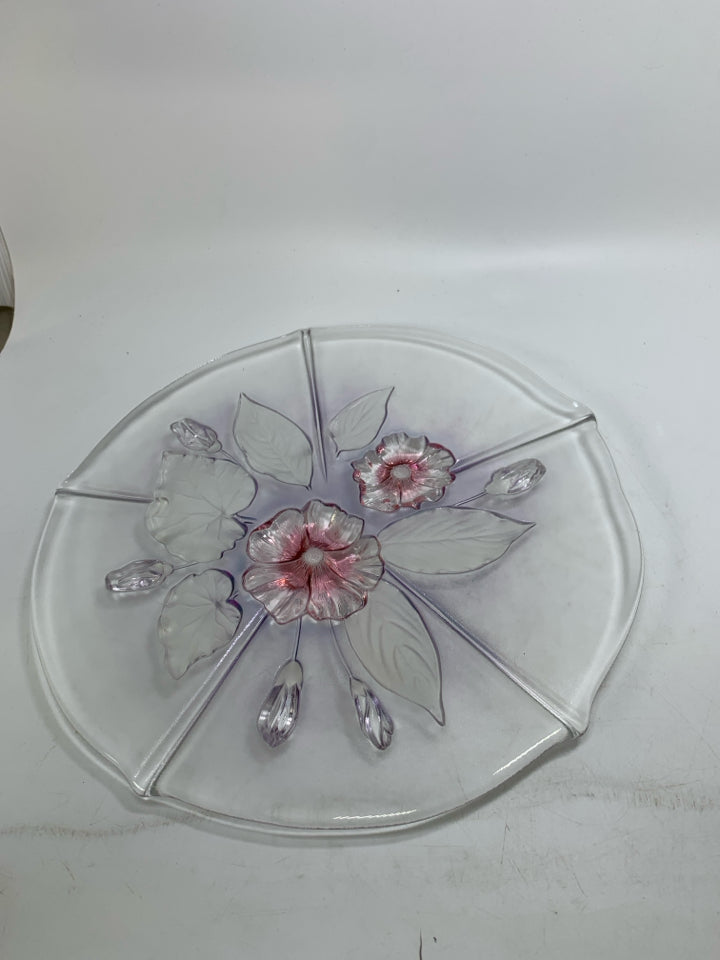 GLASS PLATTER W/ PINK FLOWERS W/ LEAVES.