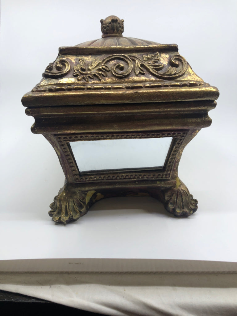 HEAVY GOLD ORNATE MIRRORED BOX W LID.