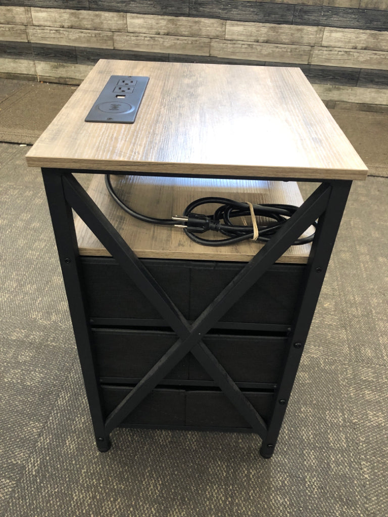 PALE WOOD SIDE TABLE W/3 DRAWERS, PLUG, AND LED LIGHT W/REMOTE.