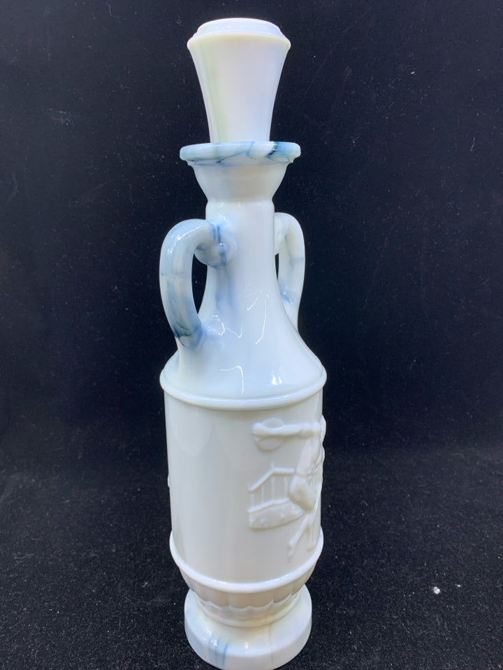 VTG MARBLE GLASS DECANTER W/ EMBOSSED MAN THROWING DISC.