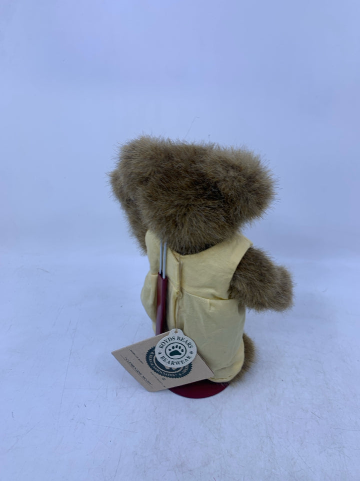 LIGHT BROWN BEAR W/ YELLOW JUMPSUIT W/ STAND.