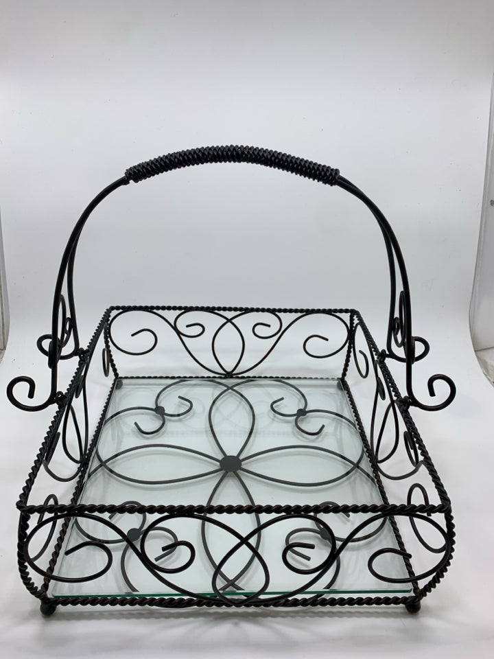IRON SCROLL CENTERPIECE BASKET W/GLASS INSERT.