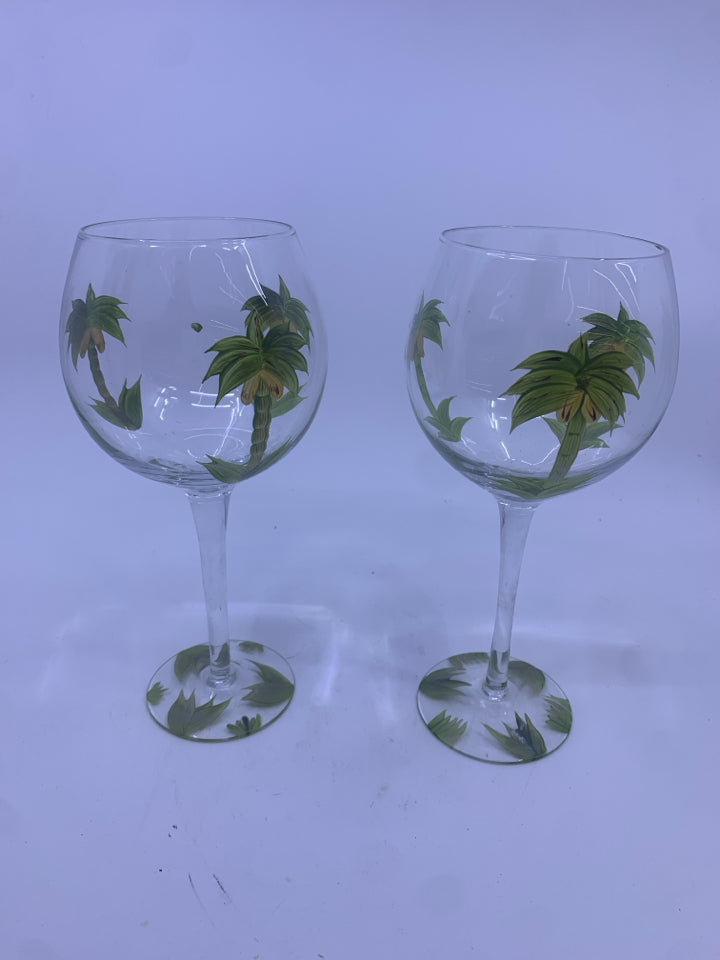 2 PALM TREE PAINTED WINE GLASS.