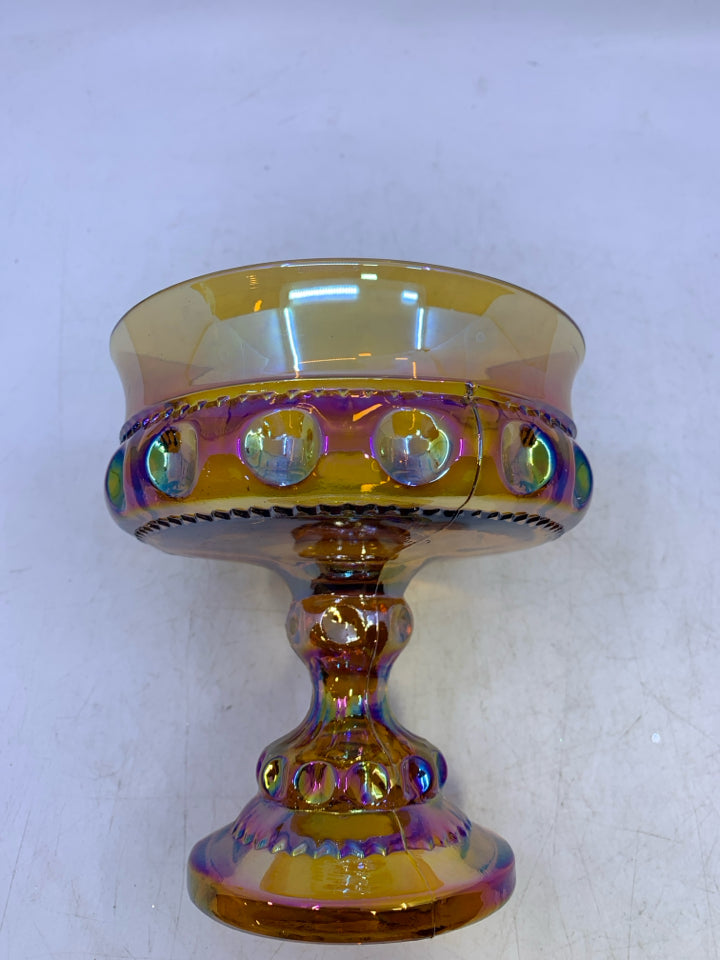 VTG CARNIVAL GLASS FOOTED CANDY DISH.