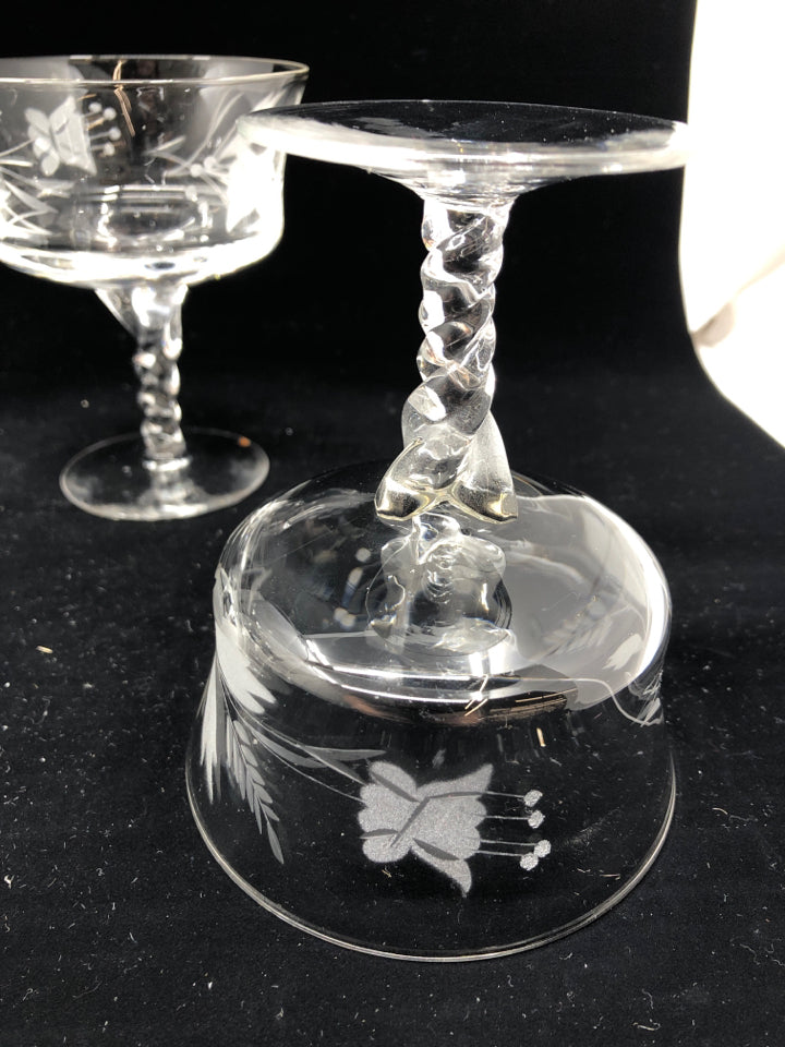 6 ETCHED FLOWERS DESSERT GLASSES W/ TWISTED STEM.