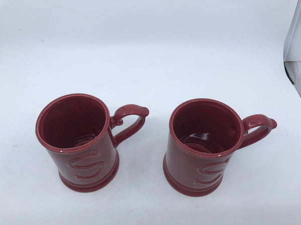 2 RED MONOGRAMMED "S" MUGS.