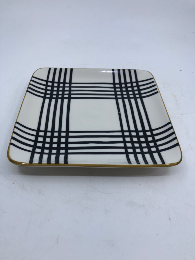 6 SQUARE ASSORTED B/W PATTERN APPETIZER PLATES W/ DARK YELLOW EDGE.