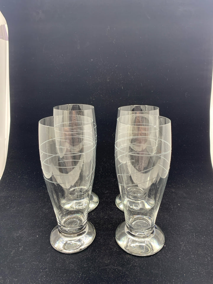 4 LARGE PILSNER GLASSES W/ ETCHED LINE DESIGN.