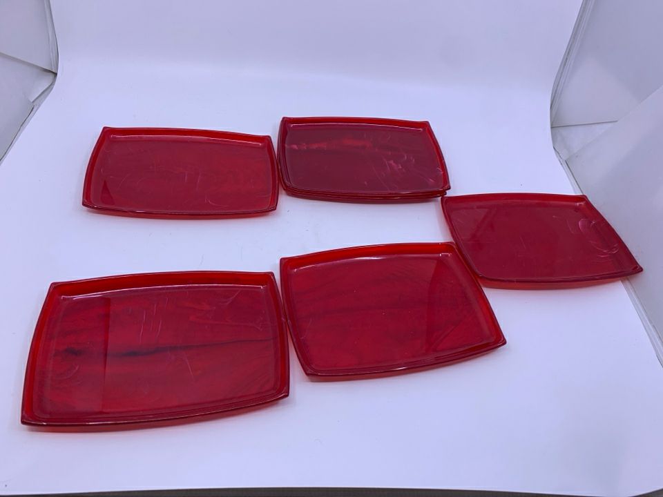 5 RED SWIRLED RECTANGLE TRAYS.