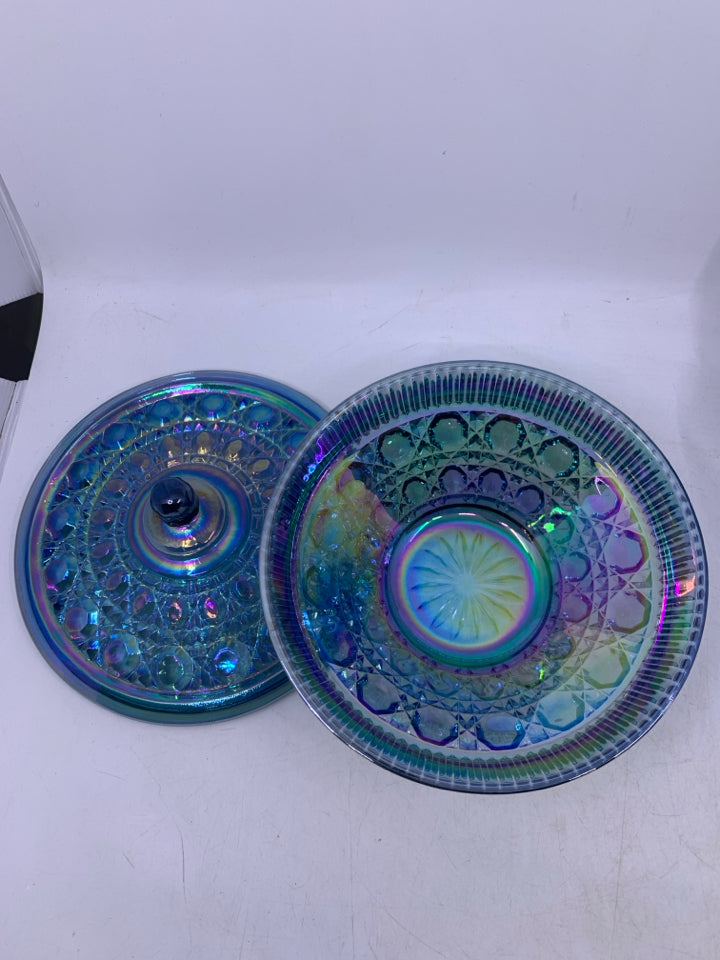 VTG BLUE CARNIVAL GLASS W/ LID.