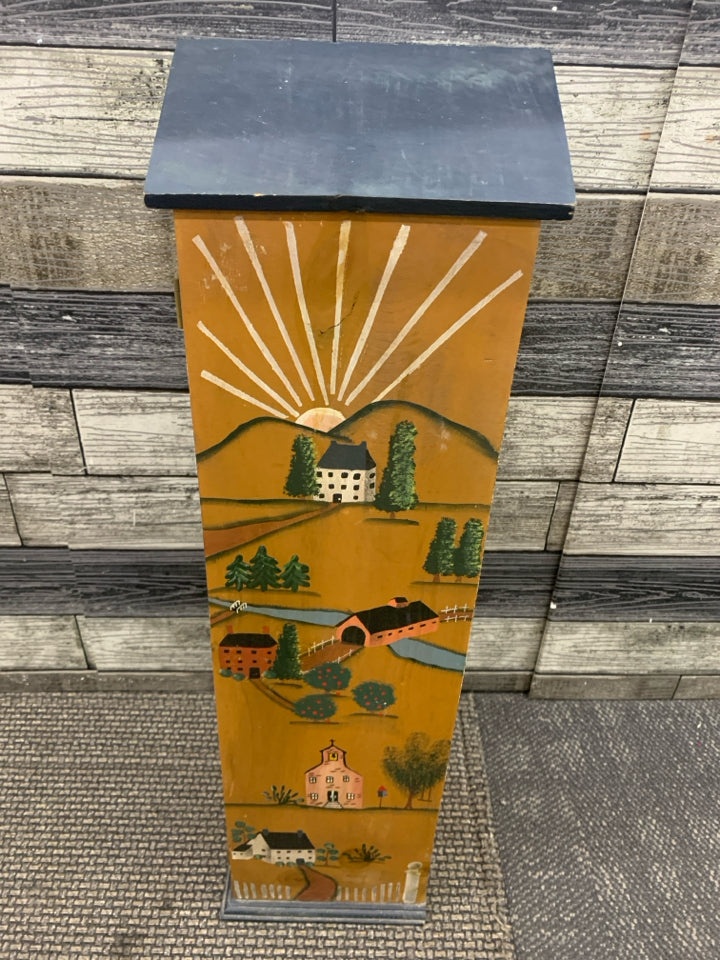 SMALL PRIMITIVE STYLE HOUSE SHAPED 4 SHELF CABINET PAINTED HOUSES/TREES.