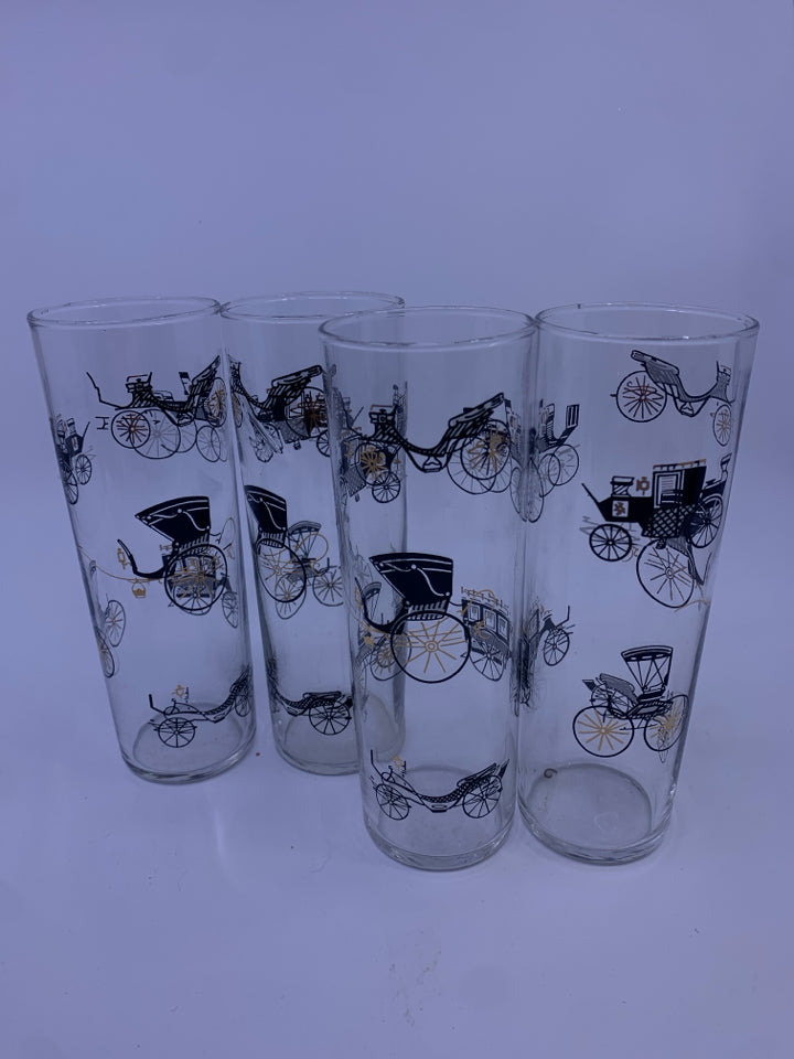 4 VTG HIGHBALL CARRIAGE PRINT GLASSES.