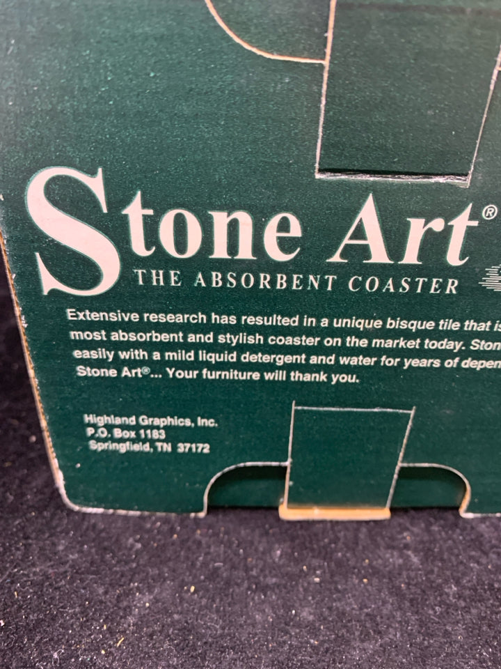 4 NIB WINE BOTTLES STONE COASTERS IN STAND.