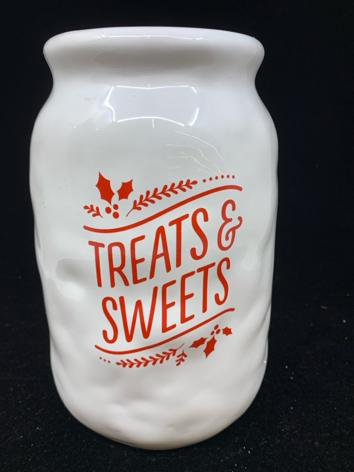 WHITE "TREATS & SWEETS" CANISTER WITH LID.