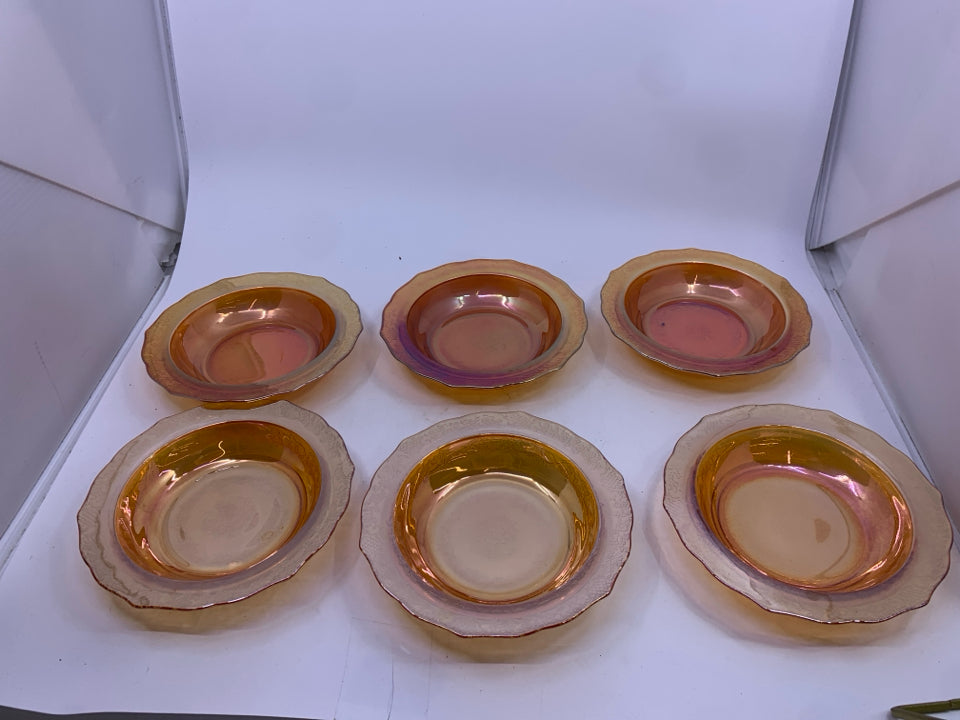 6 VTG CARNIVAL GLASS ETCHED BERRY BOWLS.
