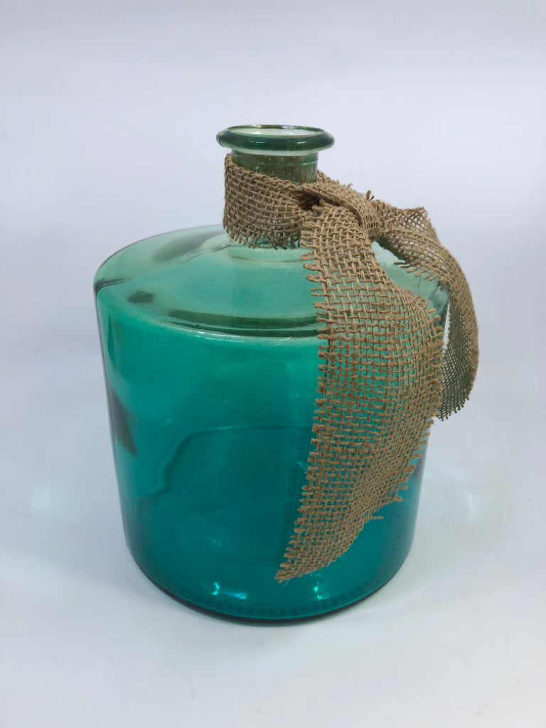LARGE BLUE GLASS VASE W/BURLAP BOW.