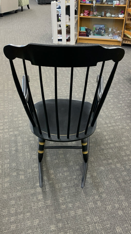 VTG BLACK ROCKING CHAIR W/PAINTED FRUITS.
