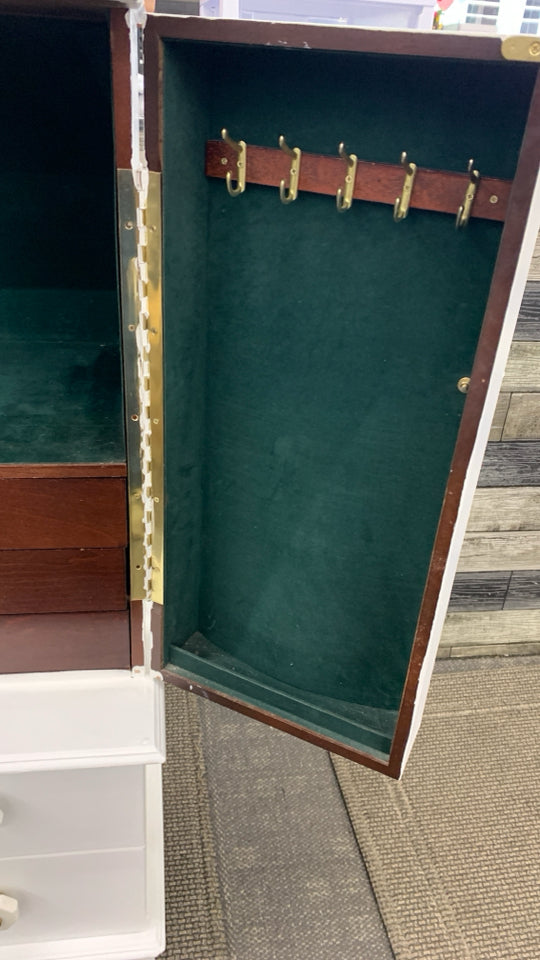 WHITE STORAGE JEWELRY ARMOIRE W/GREEN VELVET INTERIOR.