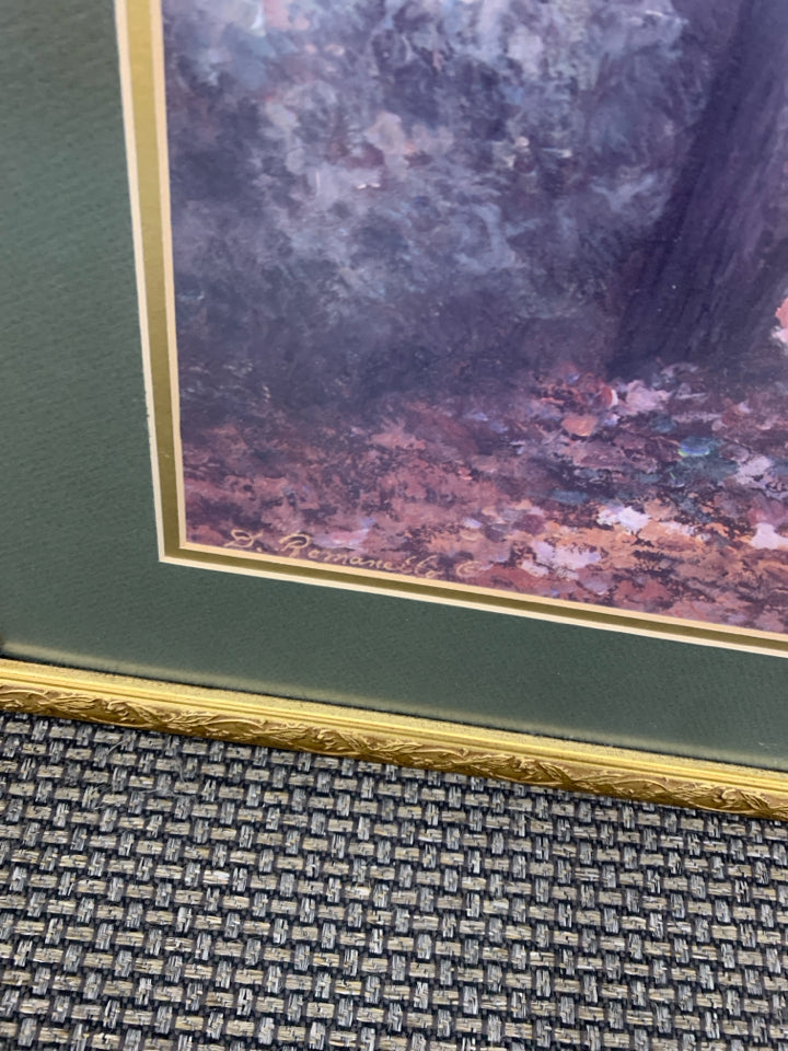 ROAD THROUGH WOODS PRINT IN GOLD FRAME.