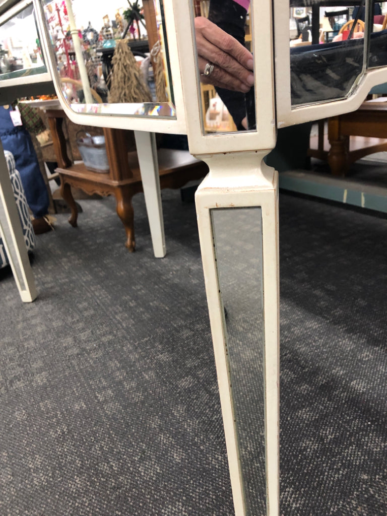 CREAM DISTRESSED PIER 1 DESK W/MIRRORED LEGS & DRAWER.