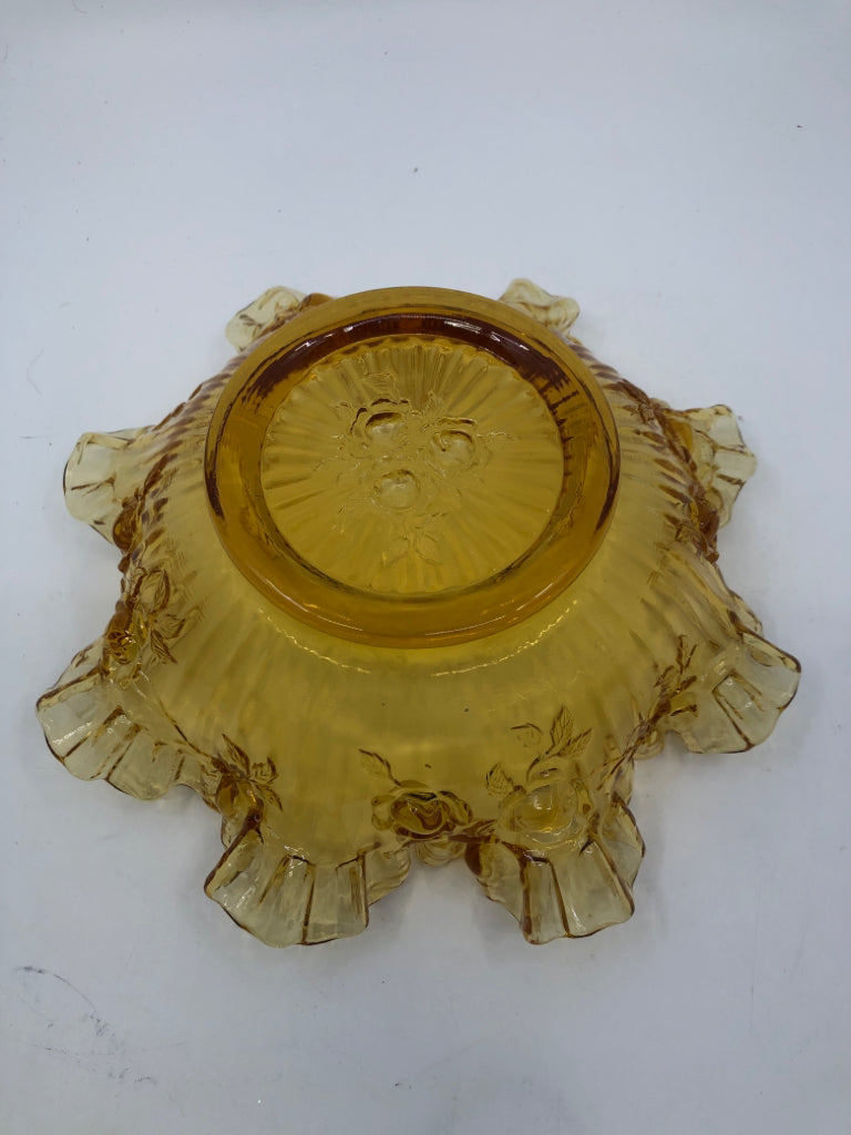 VTG AMBER GLASS BOWL W/ EMBOSSED FLOWERS RUFFLED EDGE.