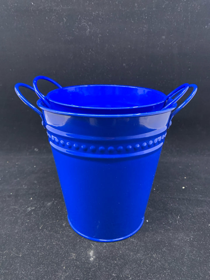 2 BLUE METAL BUCKETS W/HANDLES.