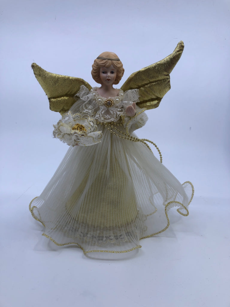 PORCELAIN ANGEL TREE TOPPER WHITE DRESS.