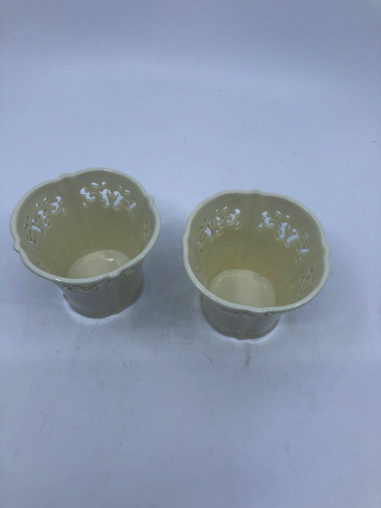 2 CREAM YANKEE CANDLE TEA LIGHT HOLDERS CUTOUT TOP.