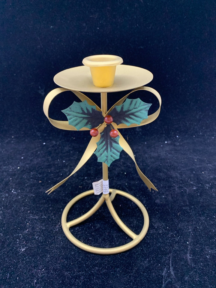 GOLD MATTE FINISH TAPER CANDLE HOLDER W/ HOLLY.