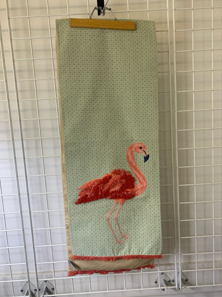 EMBOSSED FLAMINGO TABLE RUNNER W/ TEAL CIRCLES.