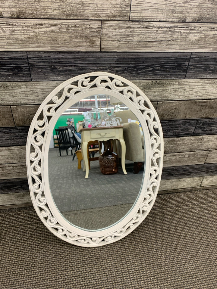 WHITE WOOD SCROLL MIRROR.