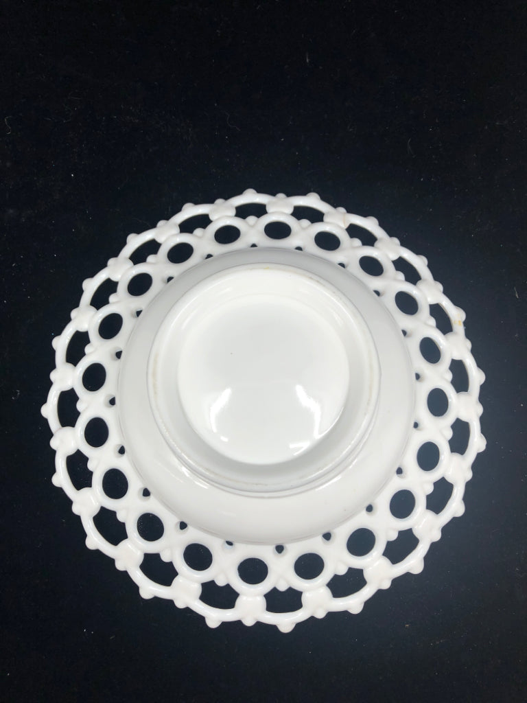 MILK GLASS LACE EDGE COMPOTE BOWL.