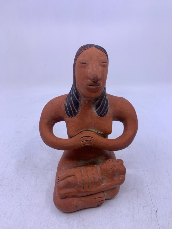 MEXICAN CLAY FOLK ART WOMAN/BABY.