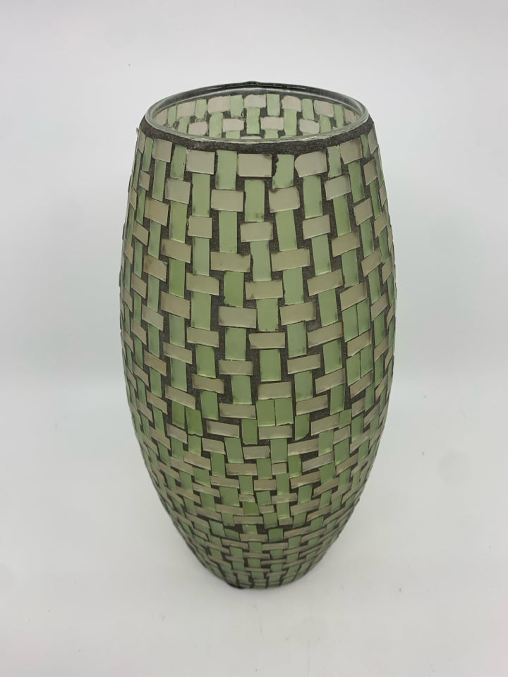 TAN AND GREEN GLASS MOSAIC VASE.