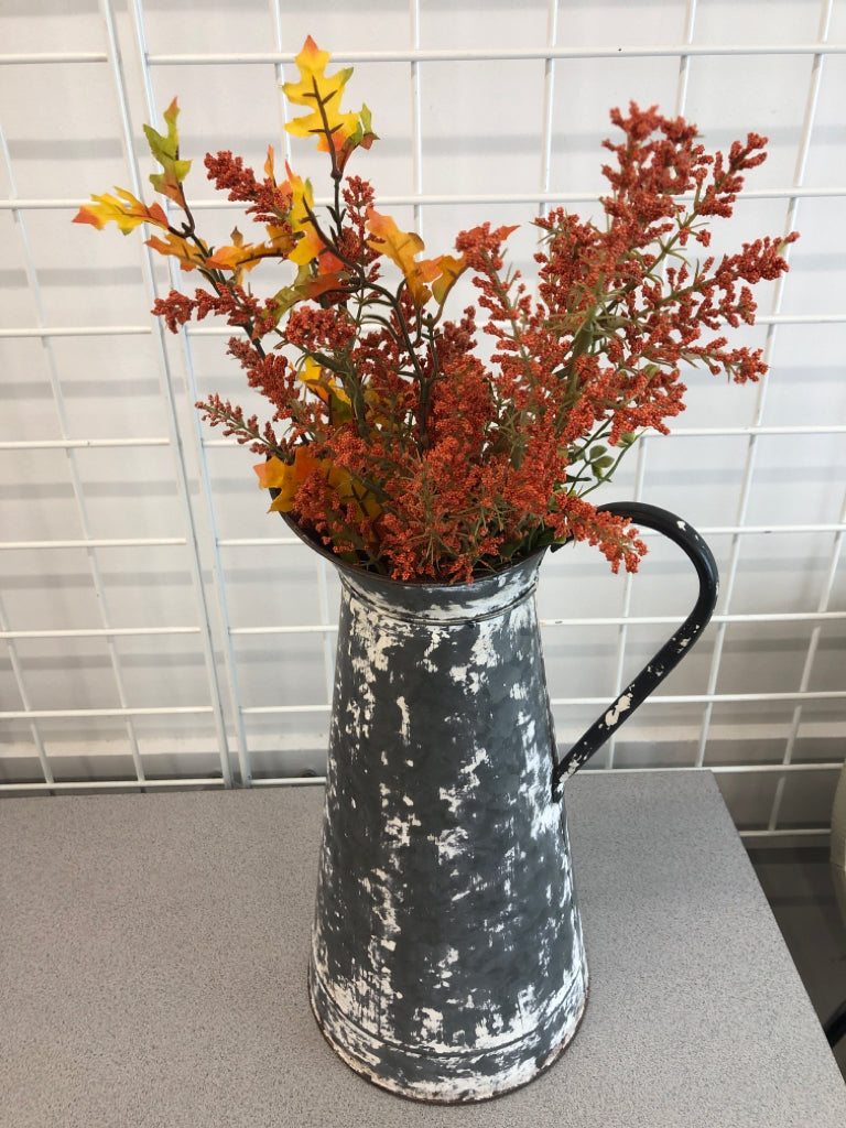 GALVANIZED PITCHER W/FAUX FLORALS.
