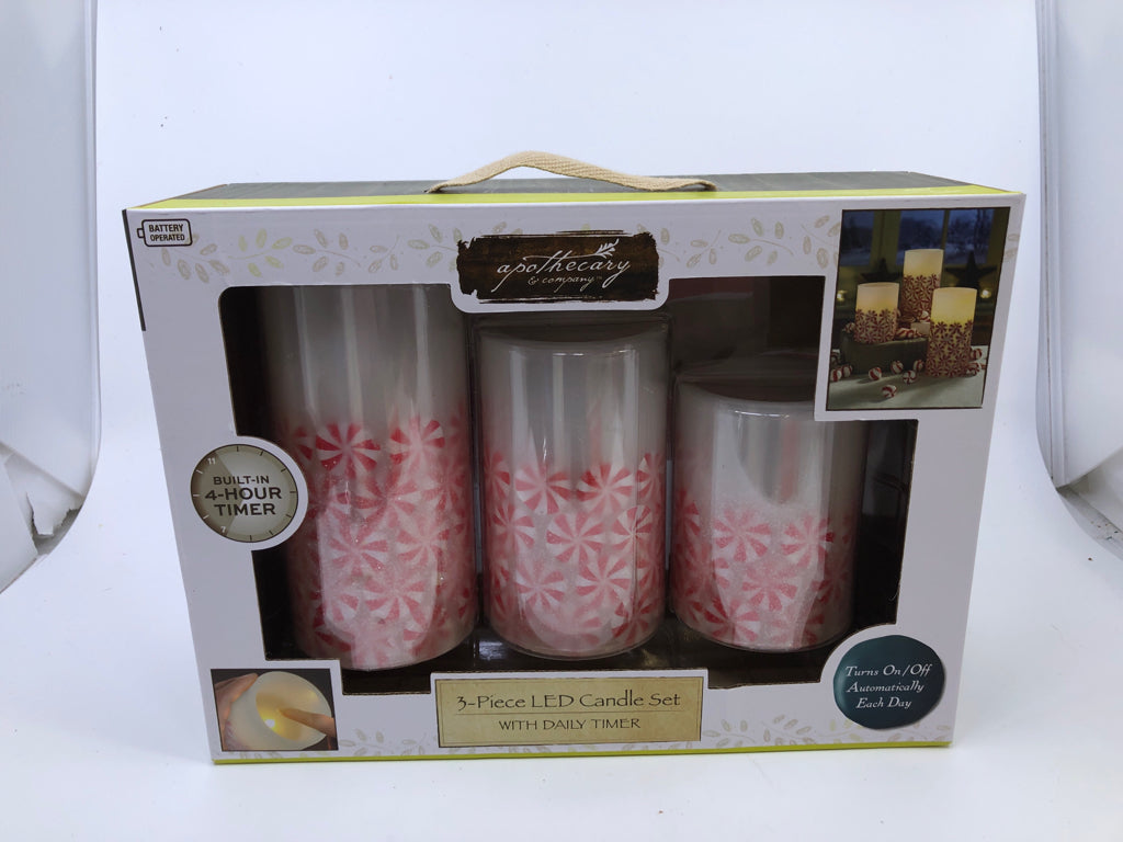 NIB 3PC LED PEPPERMINT CANDY CANDLE SET.