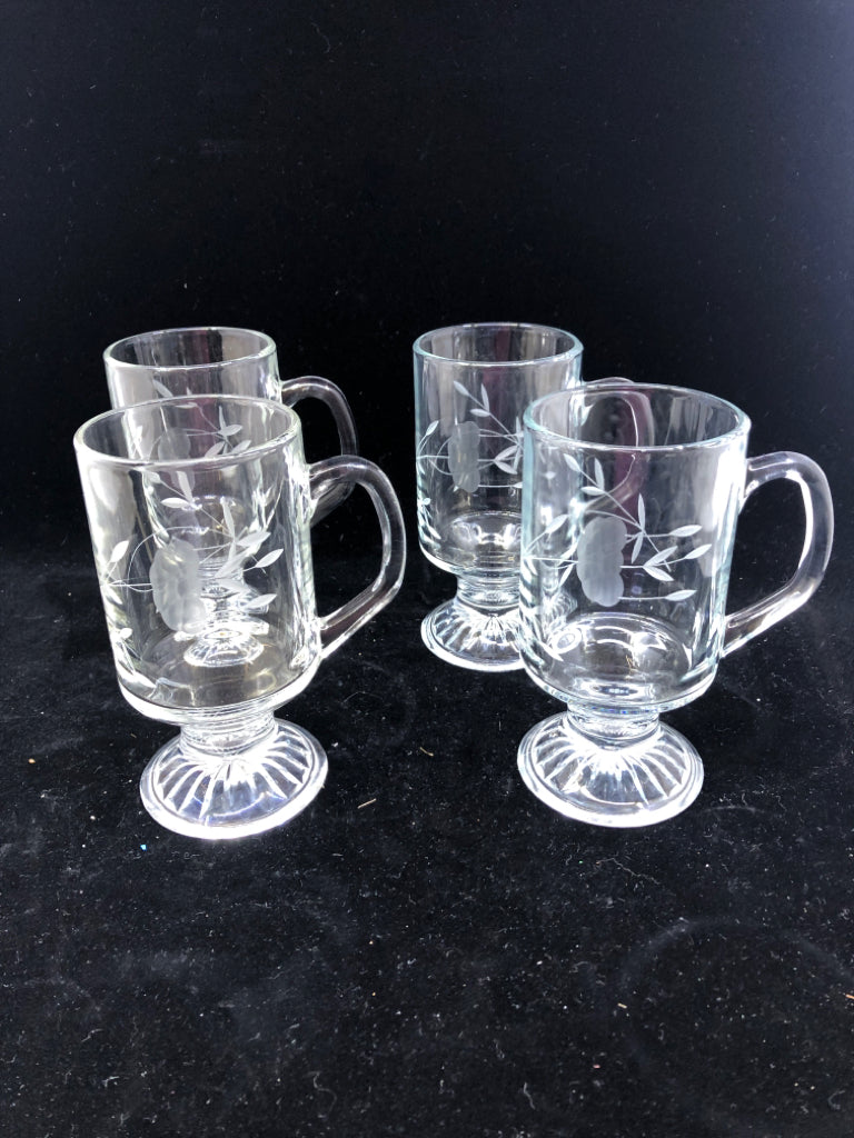 4 PRINCESS HOUSE ETCHED IRISH COFFEE MUGS.