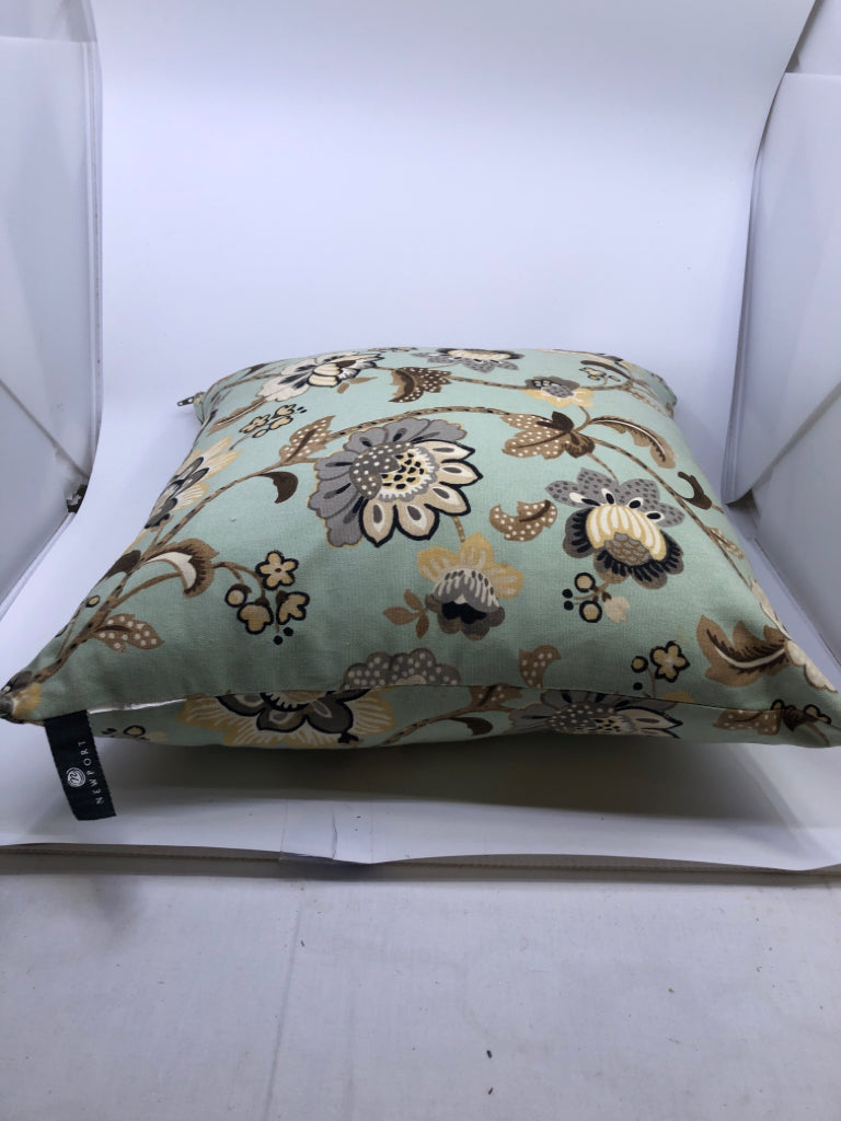 AQUA AND TAN FLOWERS PILLOW.