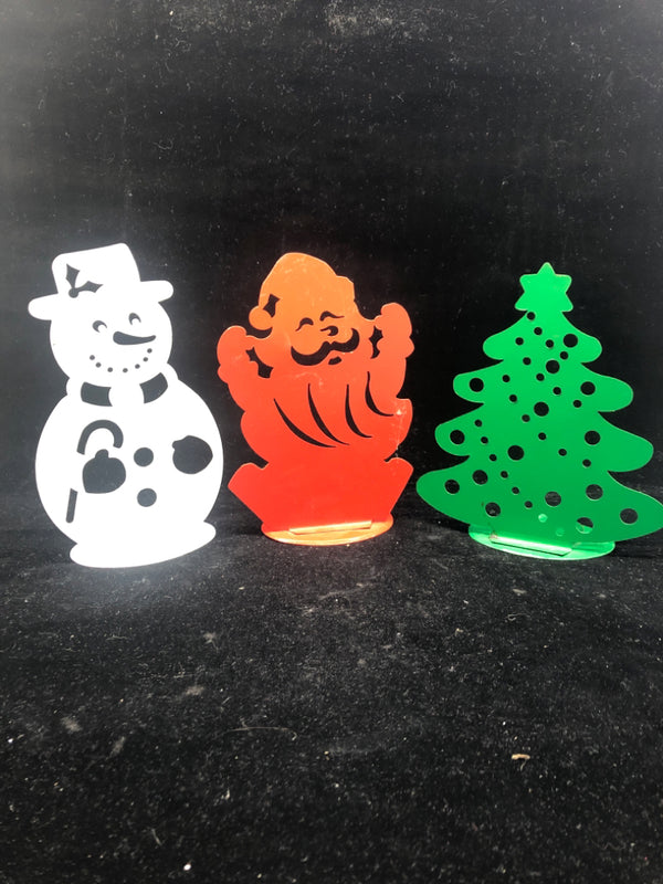 3PC COLORFUL HOLIDAY FIGURE TEA LIGHT HOLDERS.