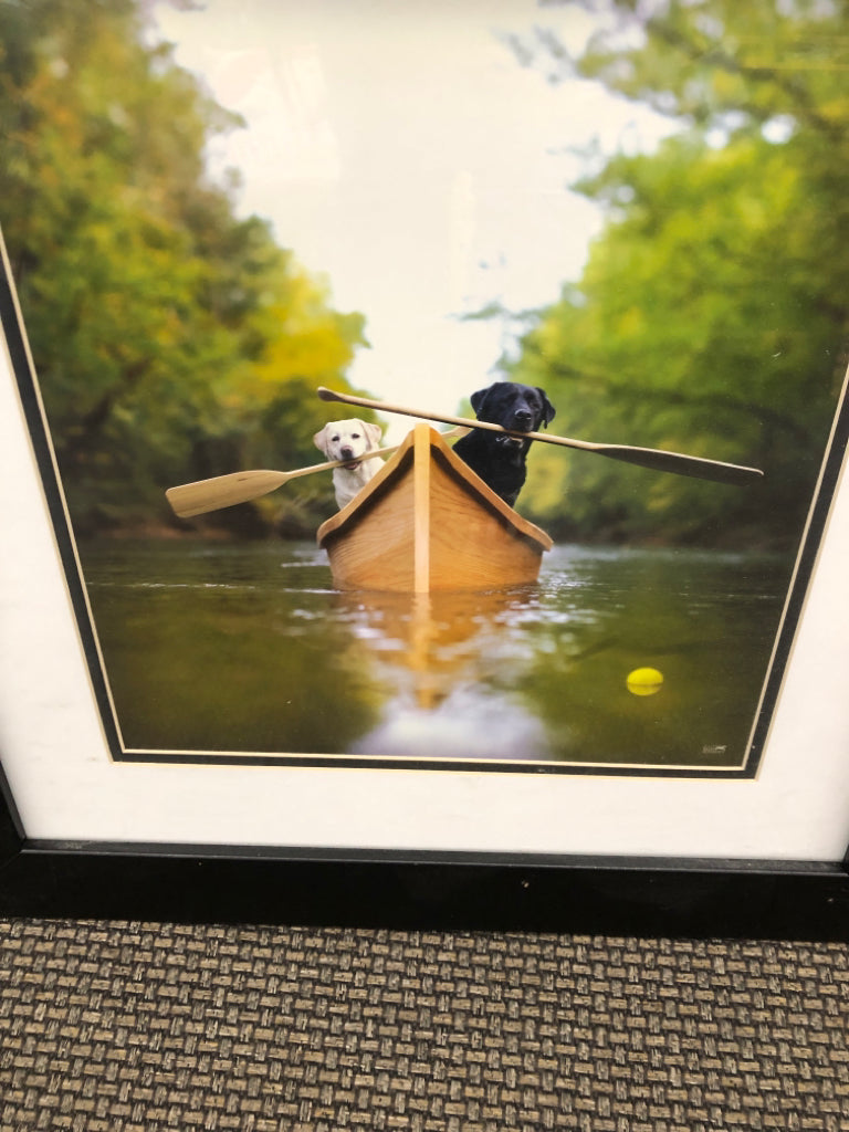 DOGS PADDLING IN BOAT IN BLACK FRAME WALL ART.
