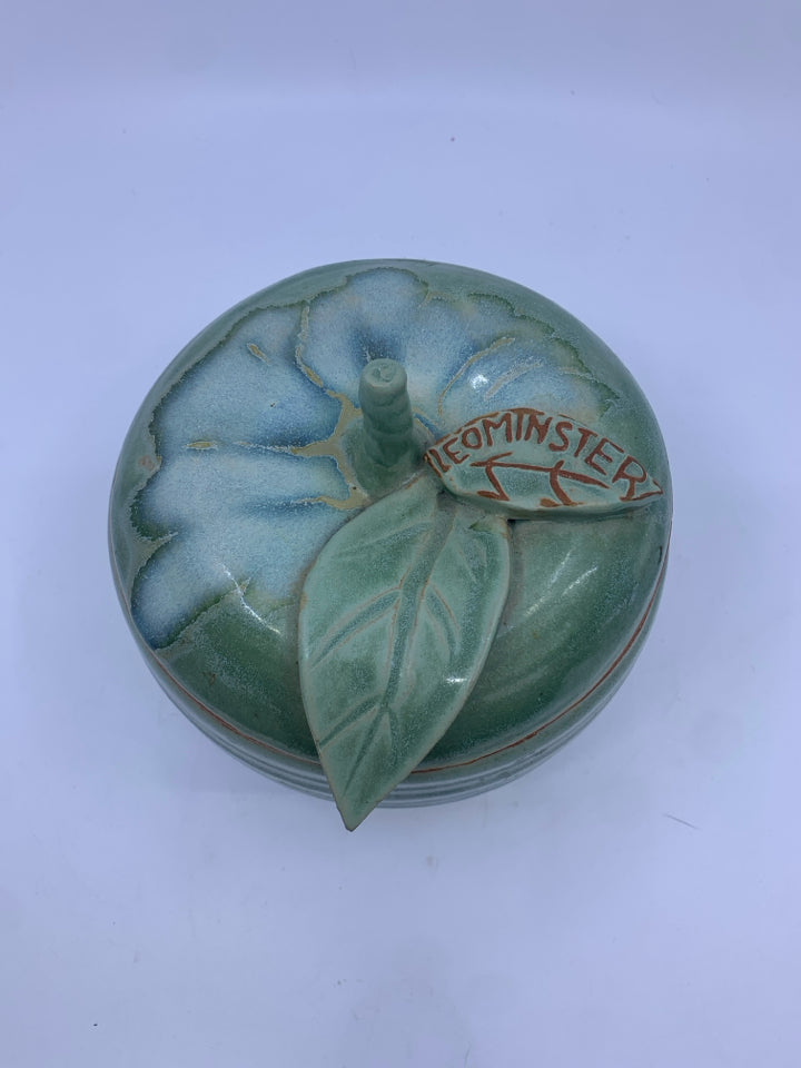 APPLE SHAPED POTTERY CANISTER W/ LEOMINSTER CARVED INTO LEAF.