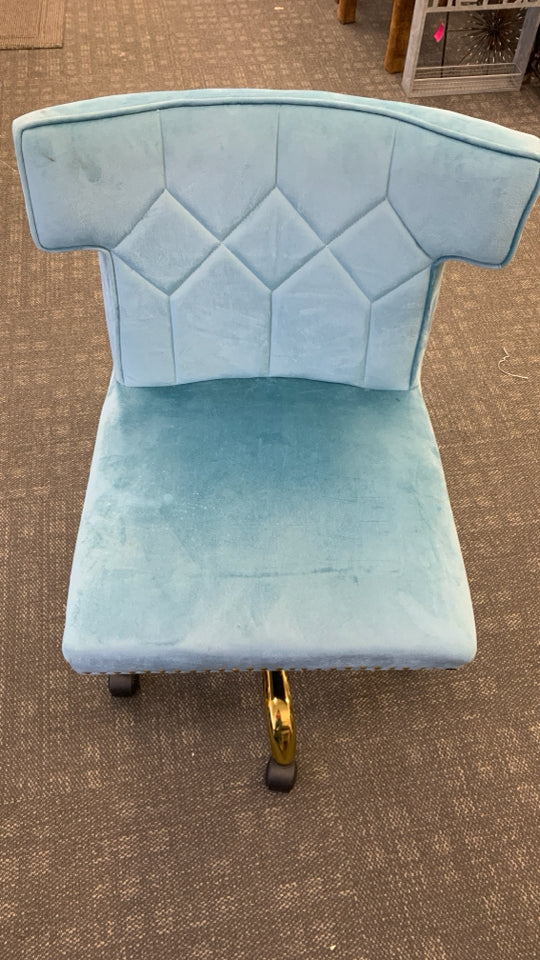 TEAL BLUE VELOUR OFFICE SWIVEL CHAIR W/ GOLD STUDS/LEGS.