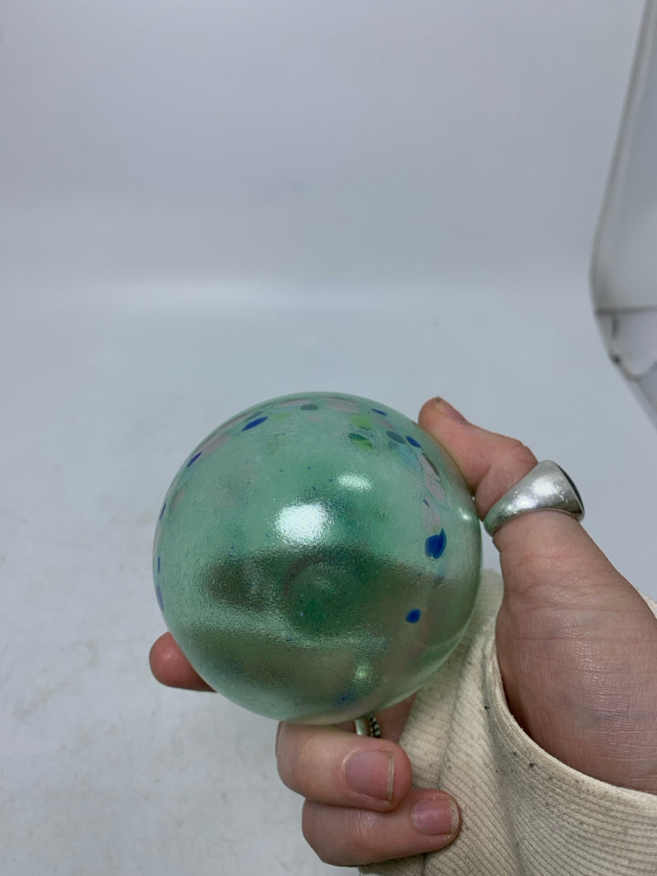 LIGHT GREEN BLOWN GLASS BLUE SPECKLED ORNAMENT *SIGNED.