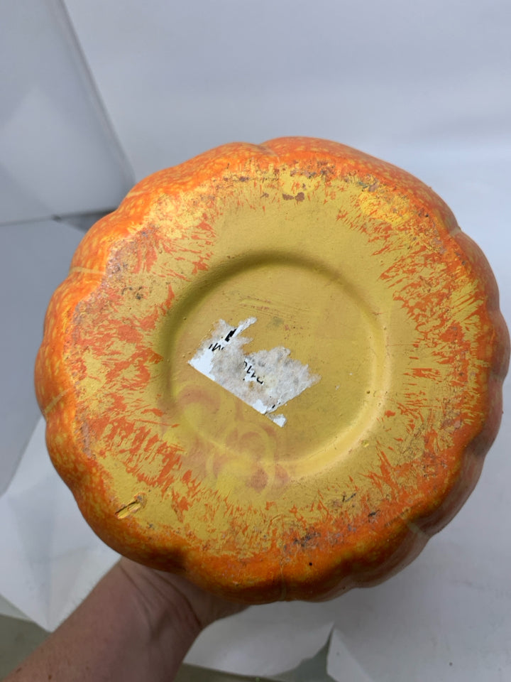 SPECKLED CERAMIC JACKO LANTERN CUTOUT CANDLE HOLDER.